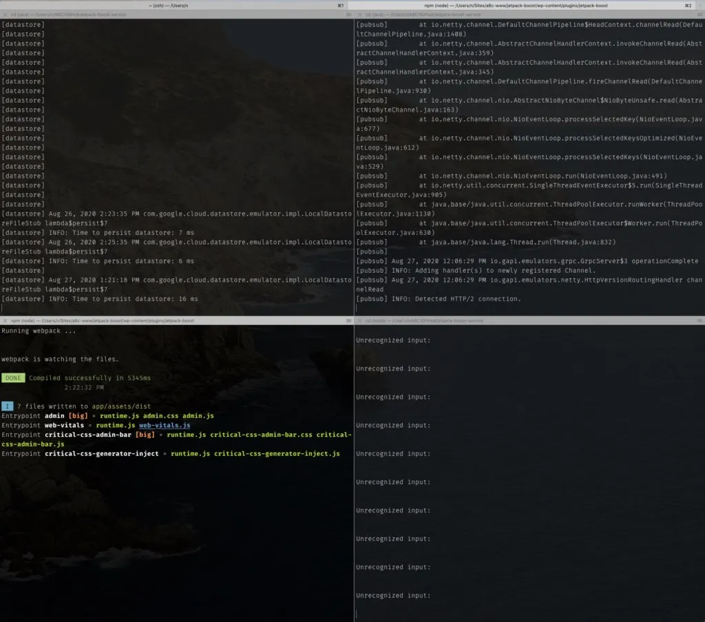 Four iTerm panes running datastore and Pub/Sub emulators, a webpack watcher, and an interactive service, all started in one session.